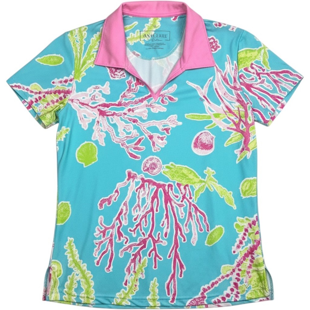 AnaClare Active Women Coral Seaweed Print Polo Shirt SPF50 Golf Tennis Preppy